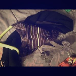 Under armor beannie with scarf & black gloves.